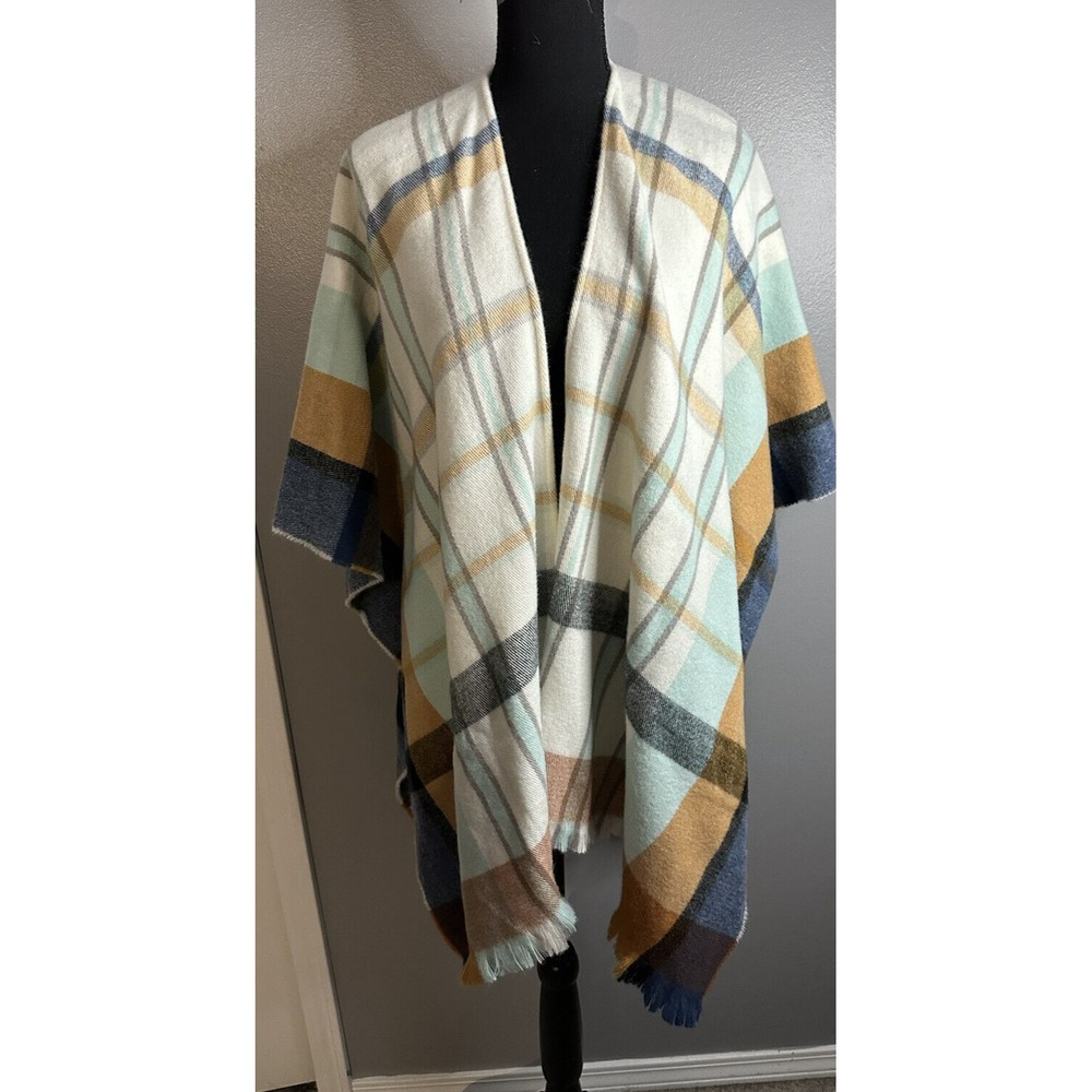 New Sonoma White Blue / Tan Plaid Topper Shawl Wrap Knit Poncho One Size